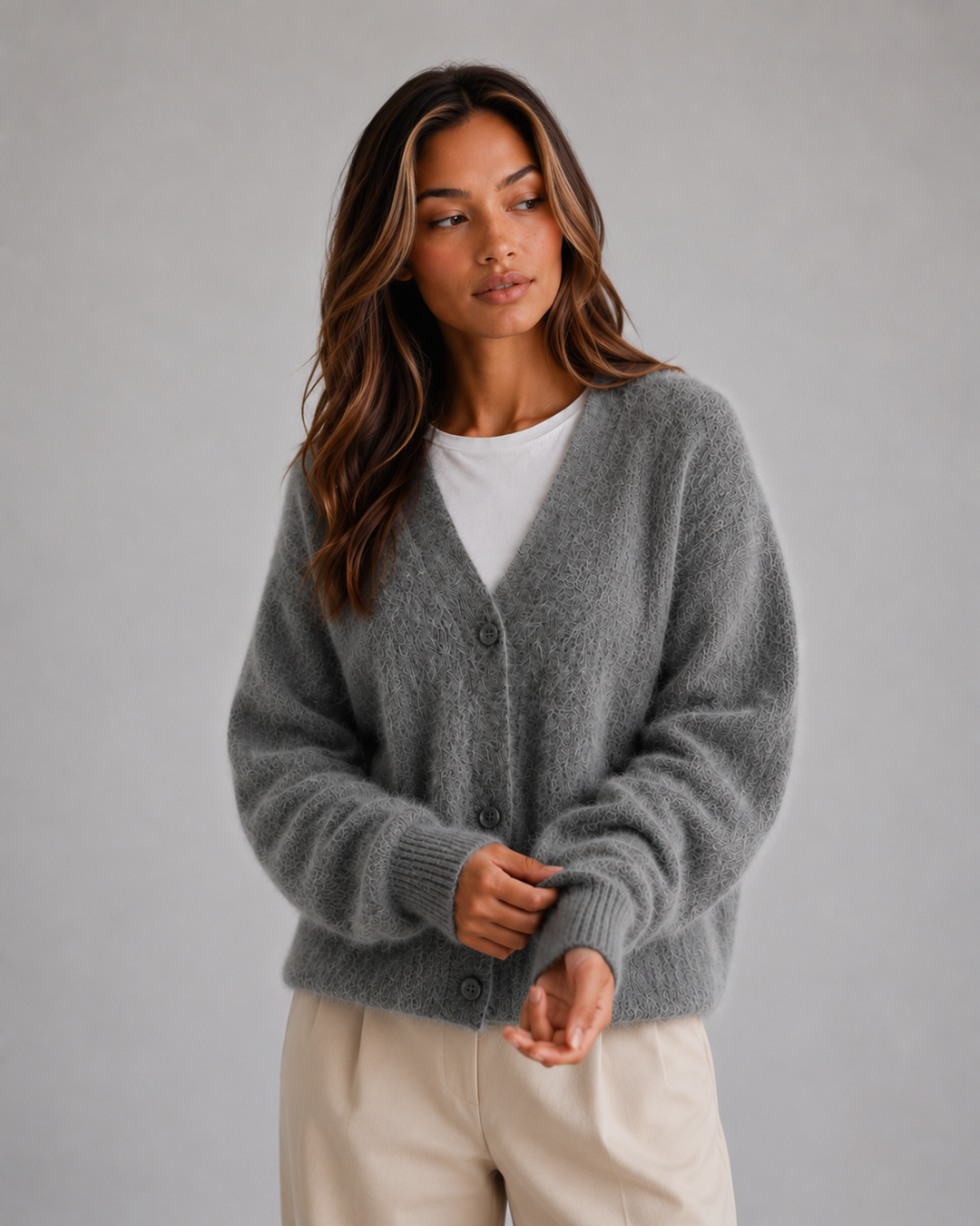 Women's V-Neck Cardigan Sweater - Soft Knit - Dark Grey