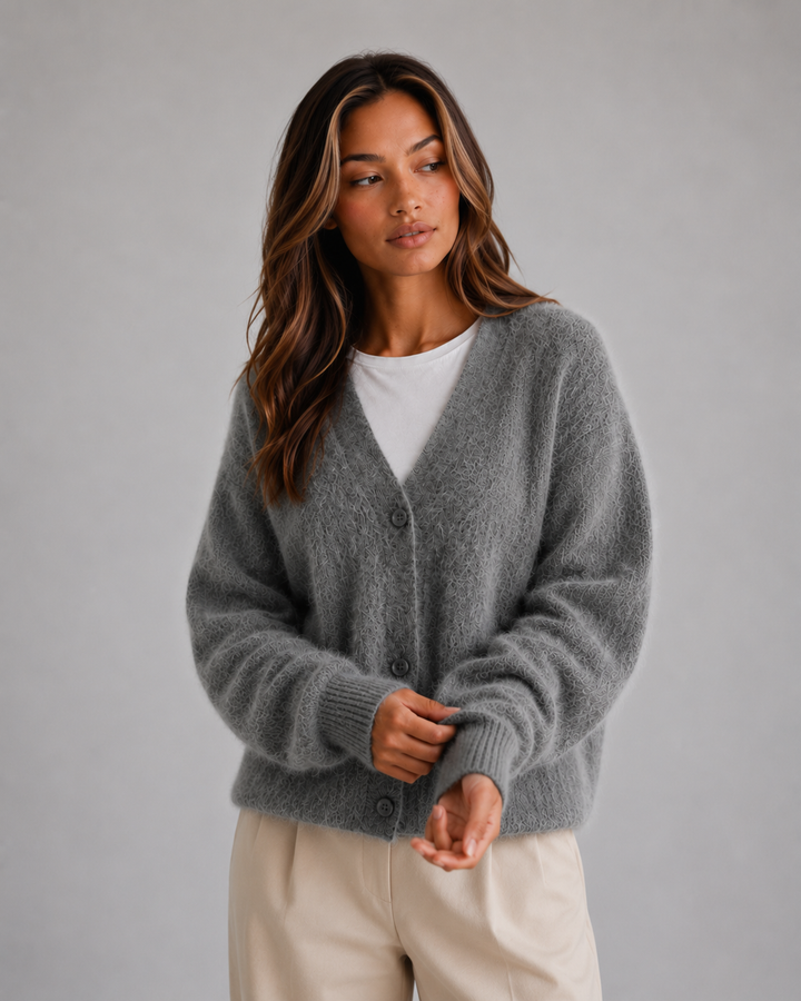 Women's V-Neck Cardigan Sweater - Soft Knit - Dark Grey