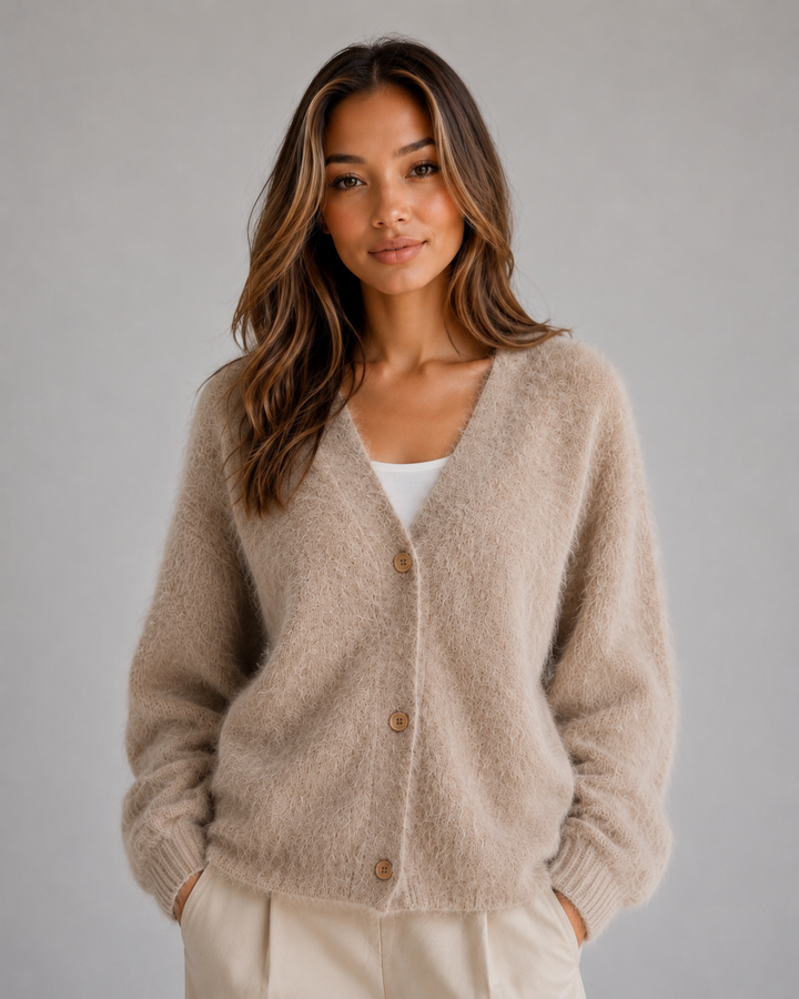 Women's V-Neck Cardigan Sweater - Soft Knit - Khaki