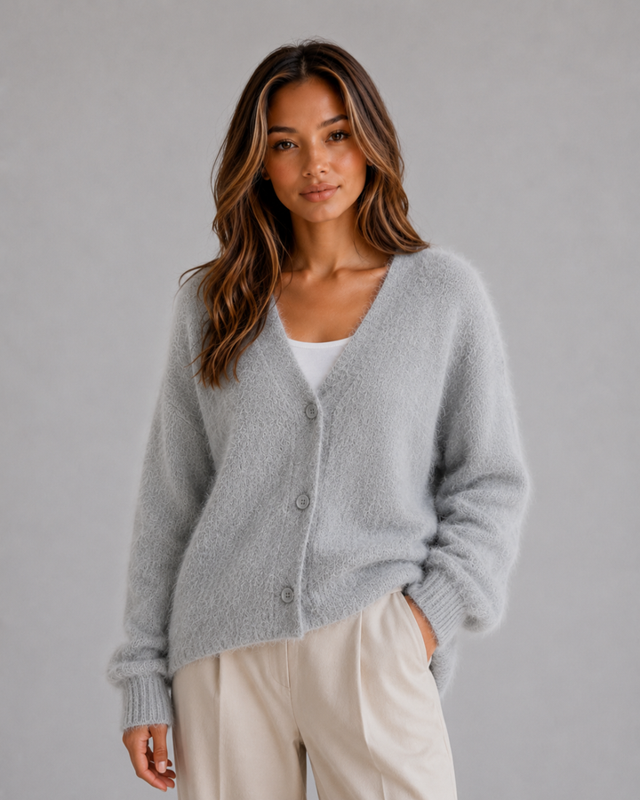 Women's V-Neck Cardigan Sweater - Soft Knit - Light Grey
