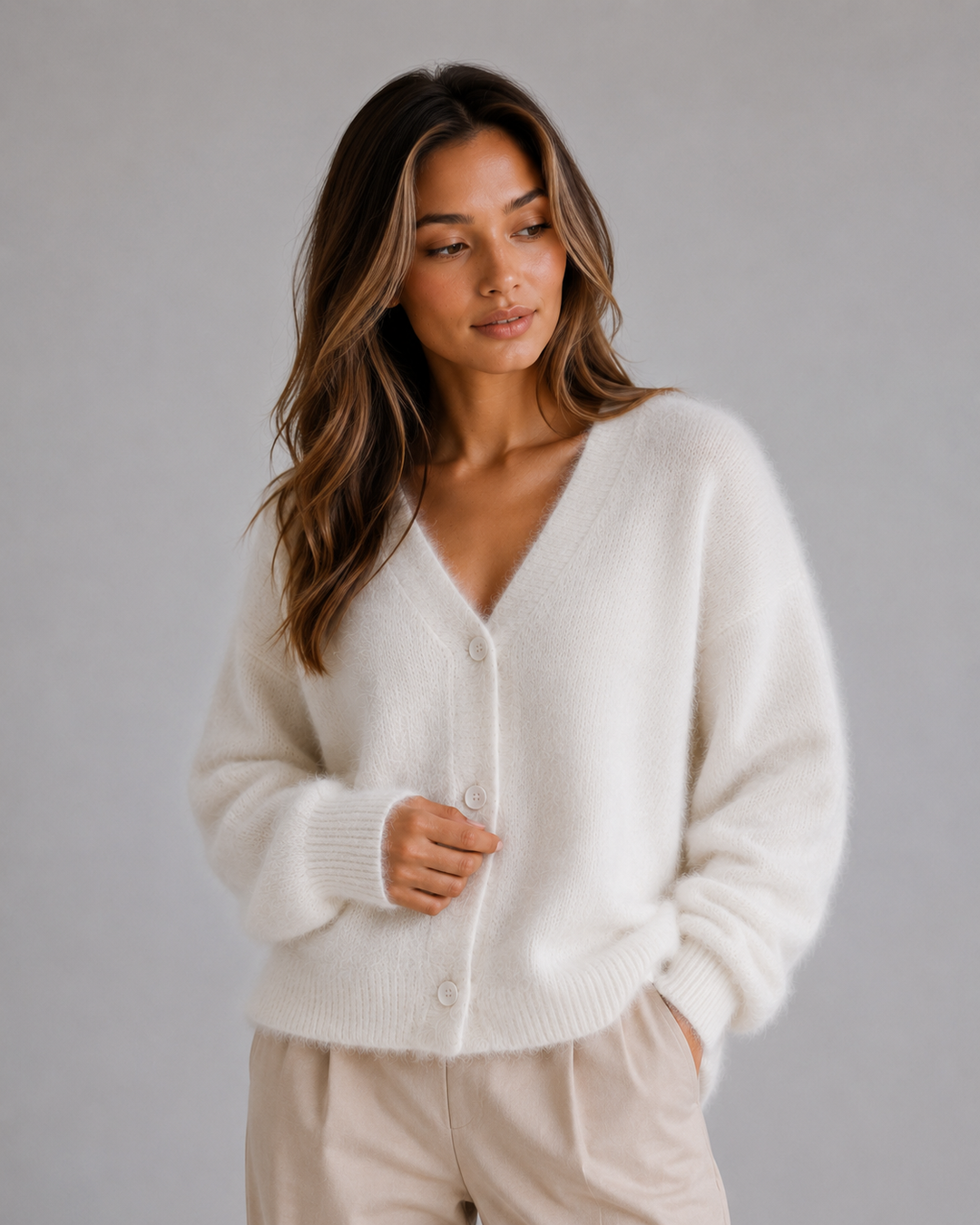 Women's V-Neck Cardigan Sweater - Soft Knit - White