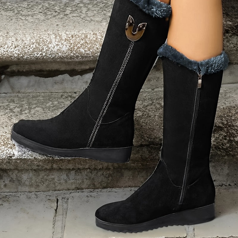 Women's Winter Boots Tall Fleece Lined Zip - Black - Black