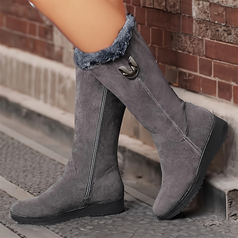 Women's Winter Boots Tall Fleece Lined Zip - Black - Grey